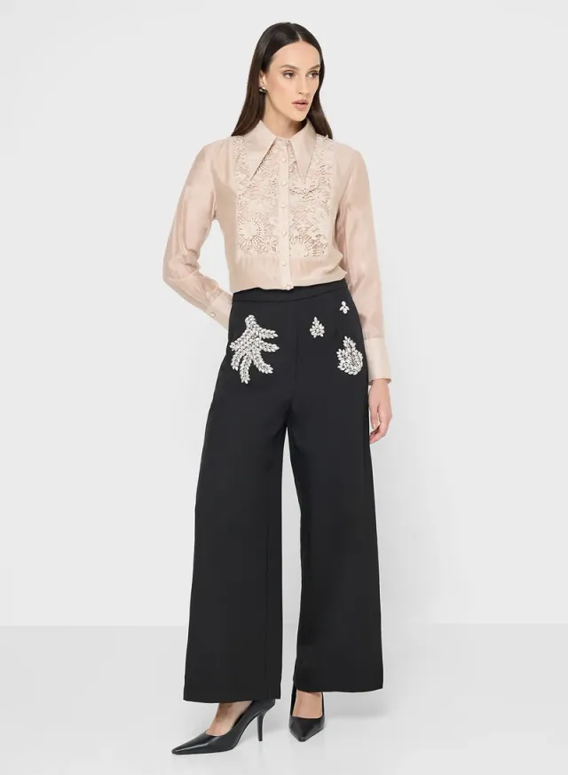 Ella Black Embellished Wide Leg High Rise Formal Trousers – image 4