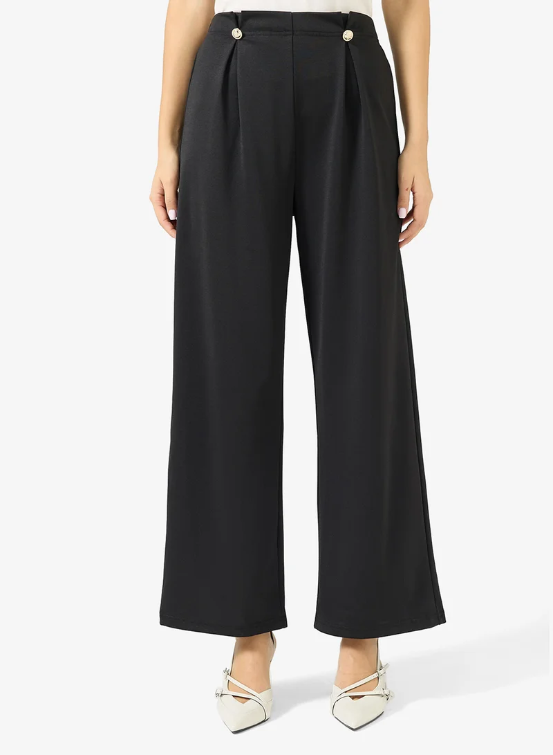 High Waist Button Detail Trousers Black