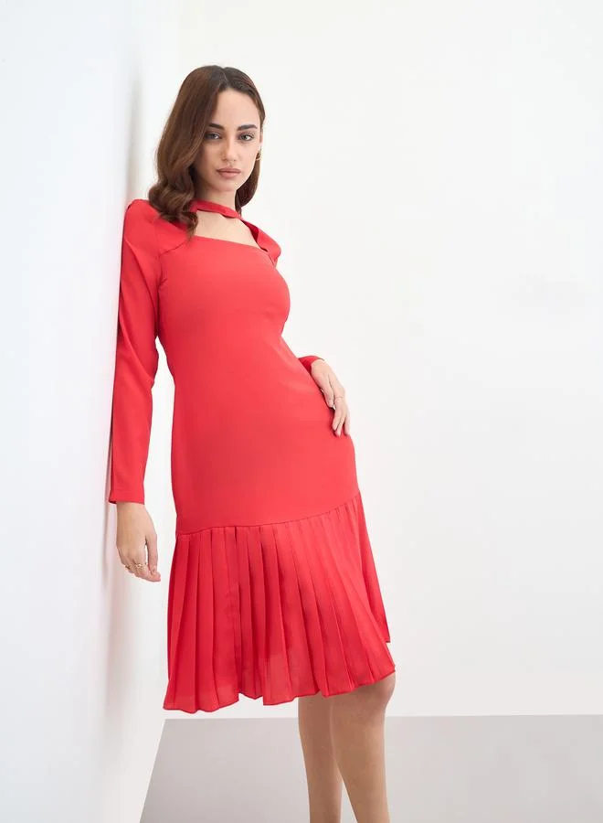 Pleated Long Sleeve Knee-Length Dress Red