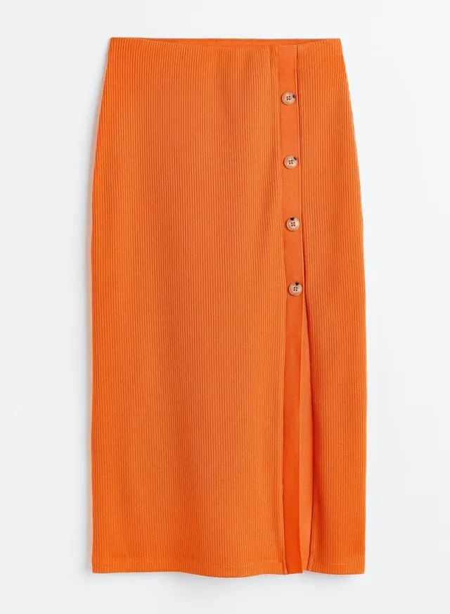 Orange Ribbed High-Waist Midi Skirt with Button Side Details – image 4