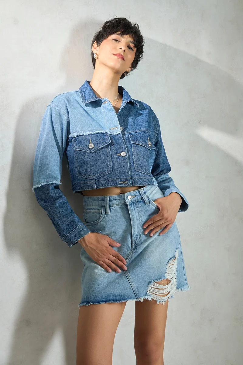 Virgio Women Washed Crop Denim Jacket with Patchwork