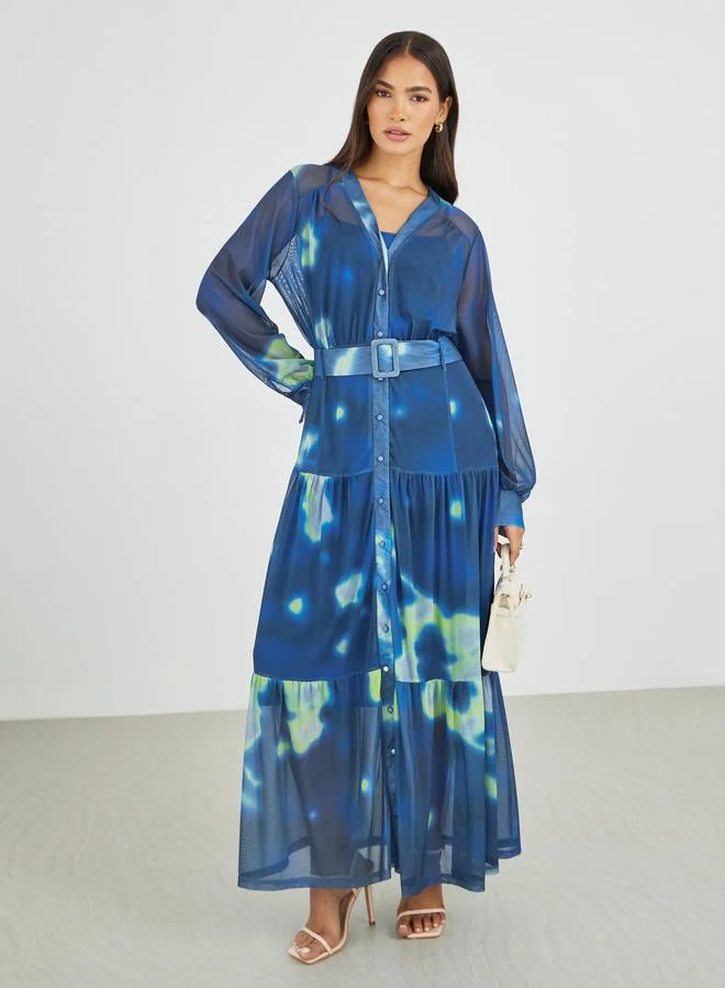 Tie-Dye V-Neck Belted Shirt Maxi Dress Facebook Blue