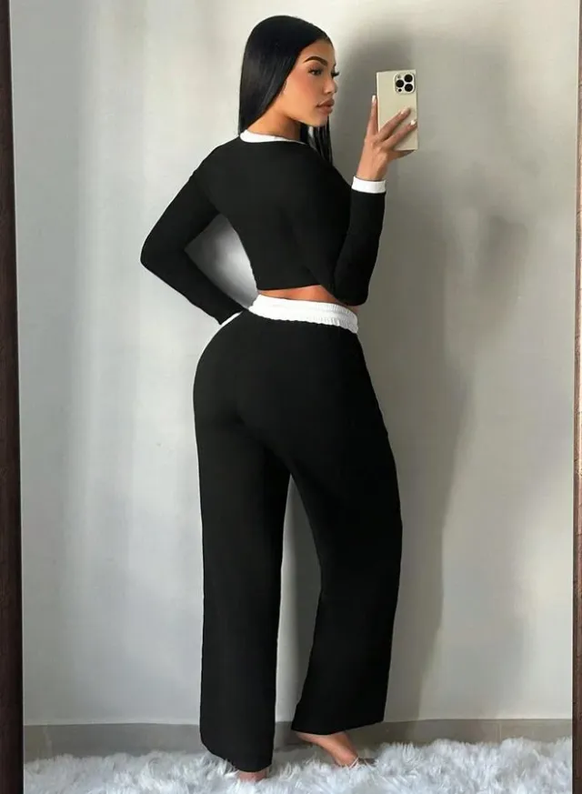 Women's Contrast Neck Top & Drawstring Pants Set – image 2