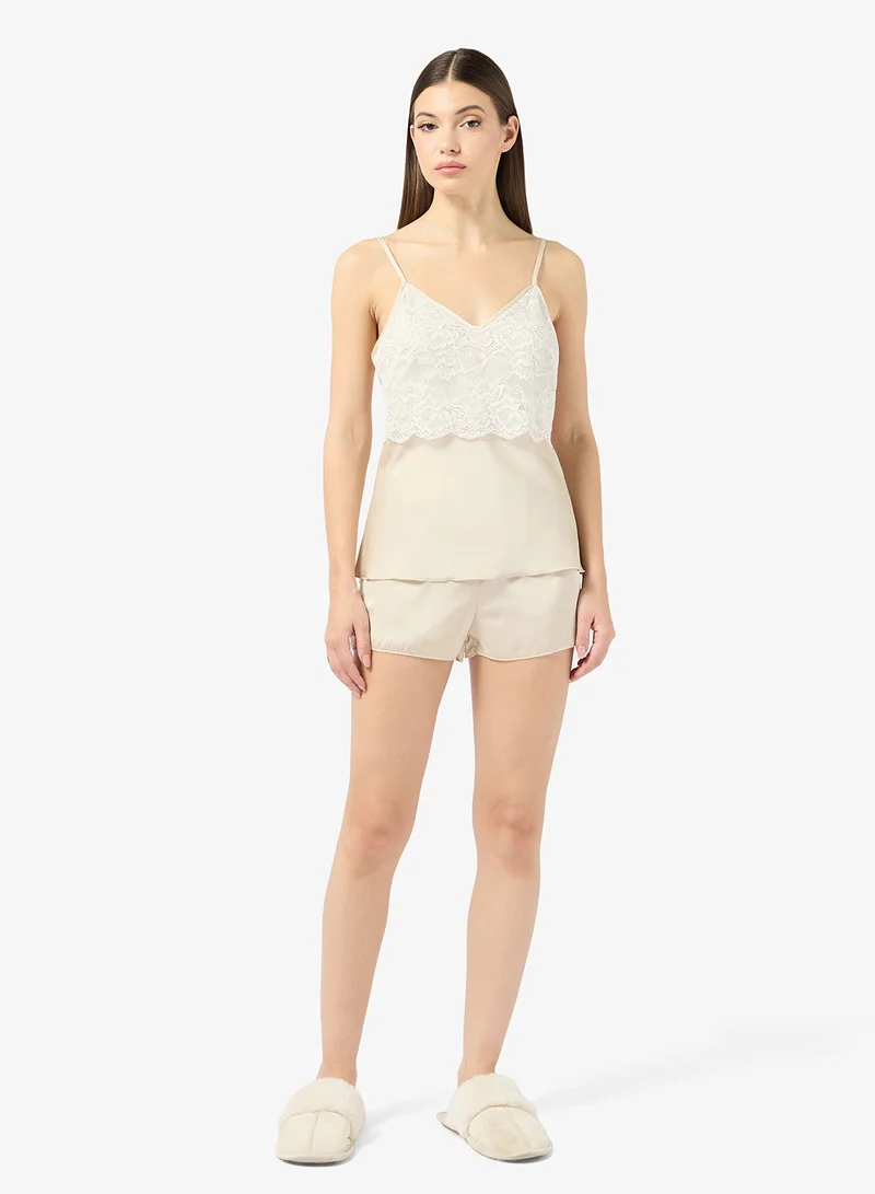 Lace Cami and Shorts Set Beige