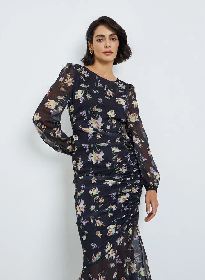 Floral Ruffled Hem Maxi Dress Black