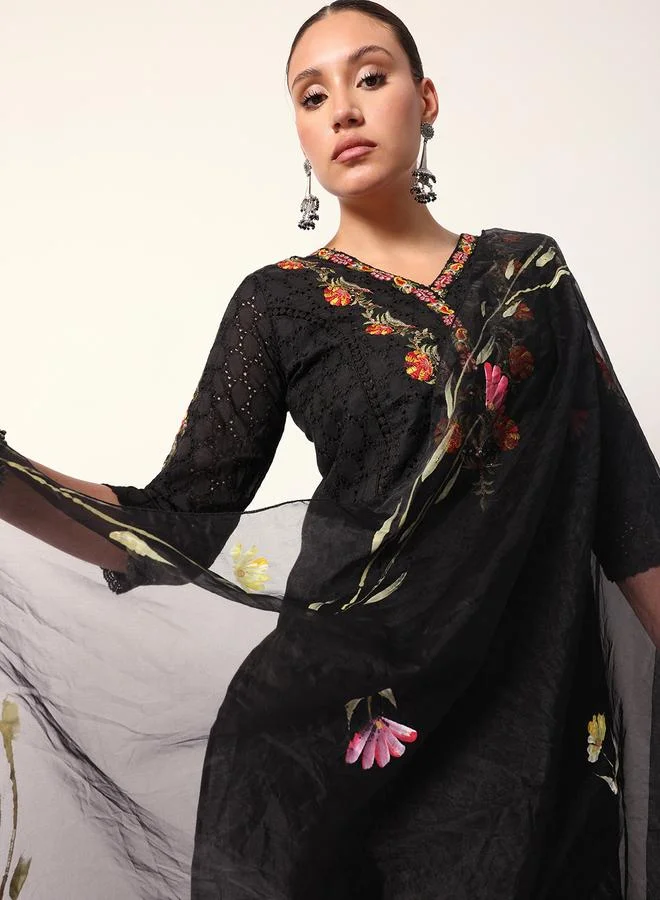 Women’s Textured Cotton Tunic Palazzo Set Black