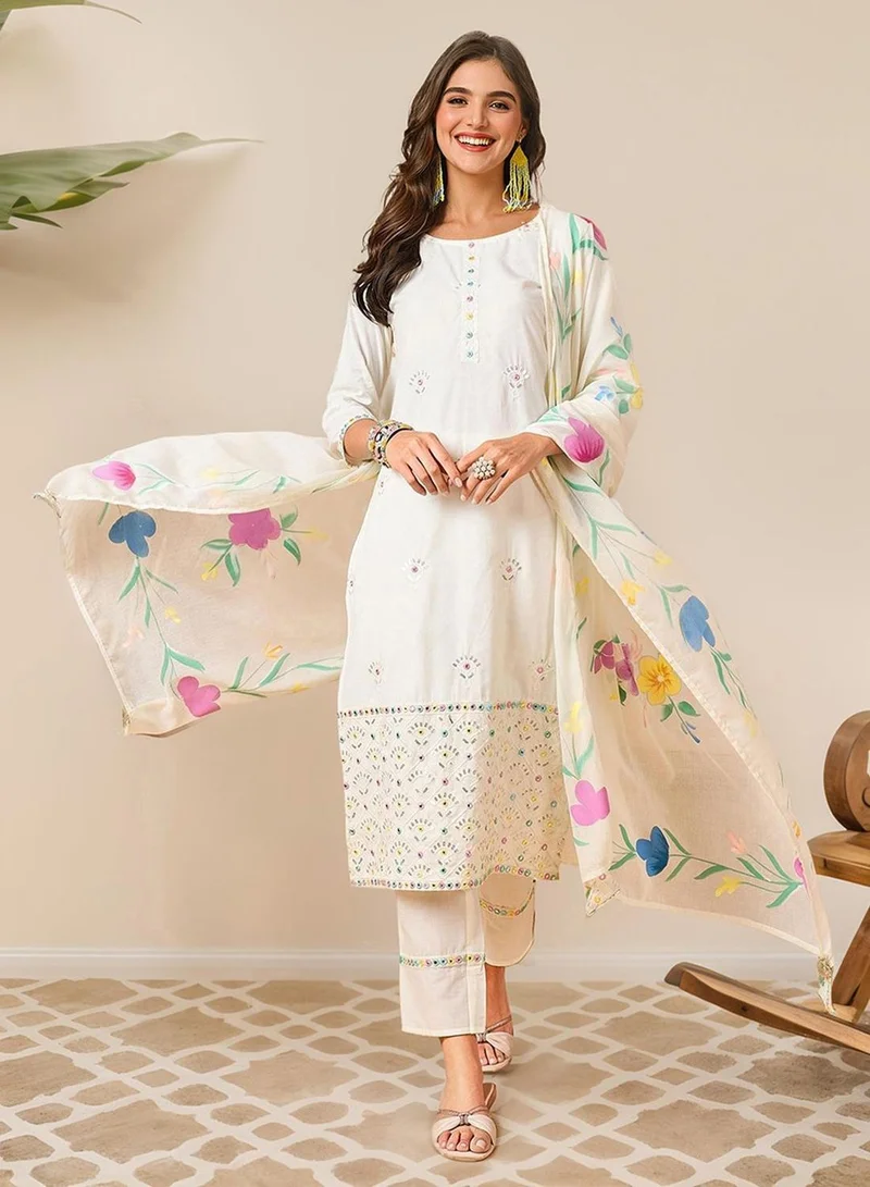 Women’s Embellished Cotton Kurta Palazzo Set Beige