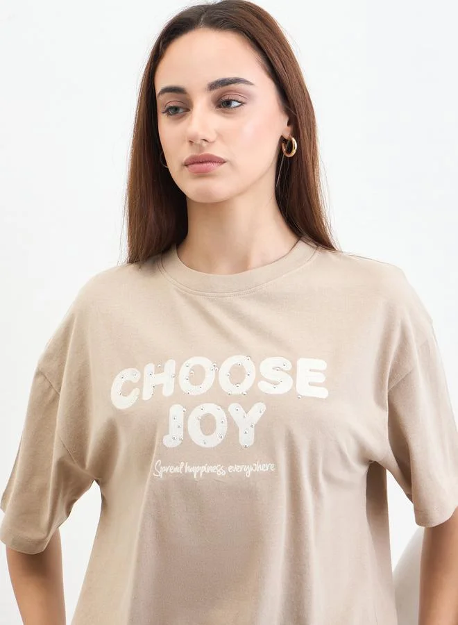 Embellished Slogan Oversized T-Shirt Beige