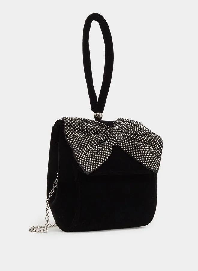 Velvet Rhinestone Bow Clutch Black