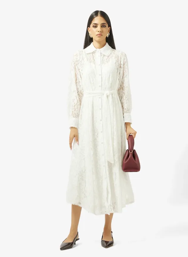 White Embroidered A-line Midi Dress with Collar and Long Sleeves – image 4