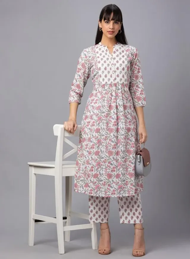 Floral Print Mandarin Collar Kurta with Trousers Set for Women – image 6