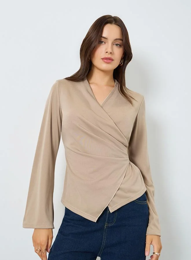 Solid Bell Sleeve Wrap Top Beige