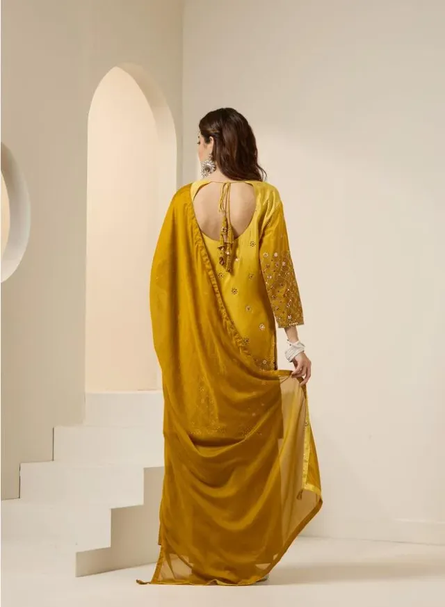 Yellow Poly Silk Printed Tunic Top & Straight Palazzo Set – image 6