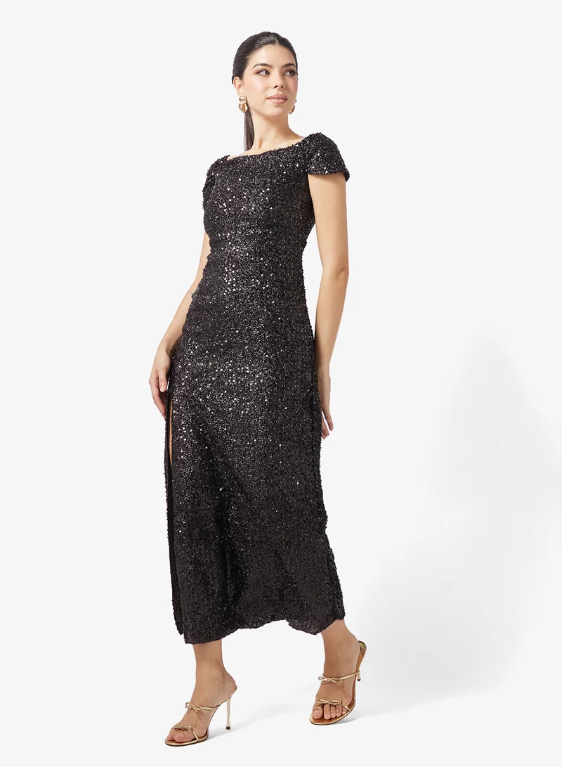 Off-Shoulder Shimmer Slit Dress