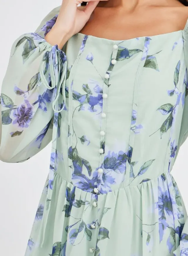 Mint Green Floral Chiffon Midi Dress with Square Neck and Long Sleeves – image 4