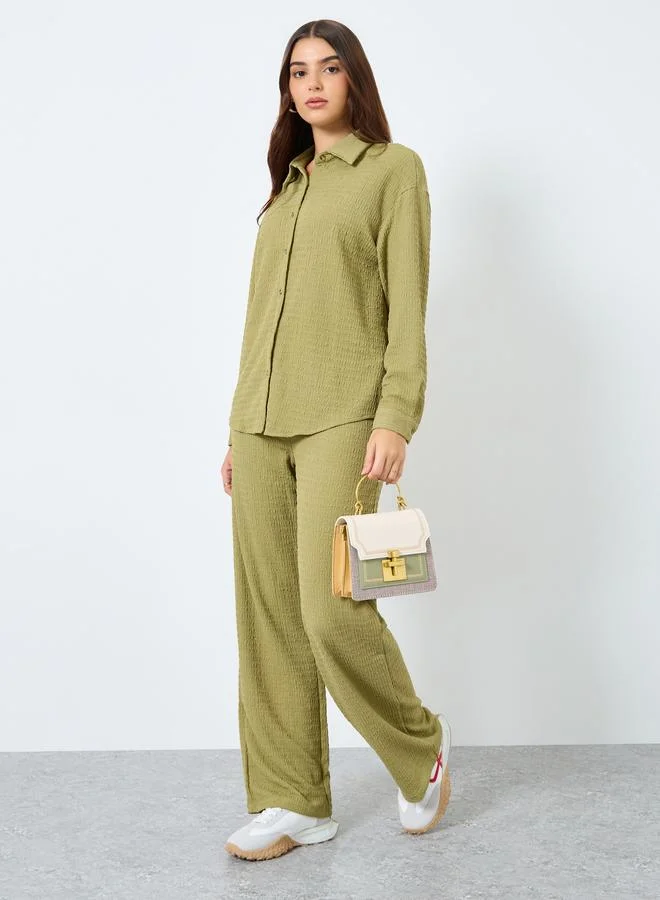 Styli Women Textured Longline Shirt and Pants Co-ord Olive