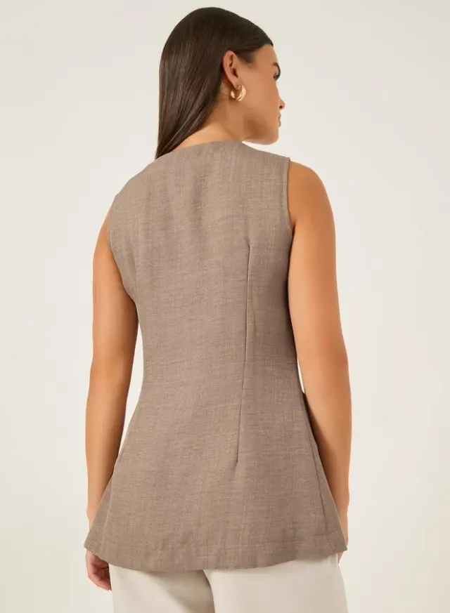 Styli Women's Plain Linen Look Longline Waistcoat with Curved Hem – image 4