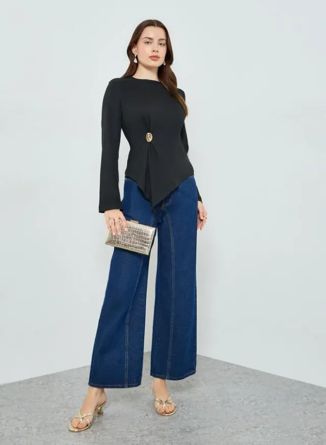 Women's Black Asymmetric Wrap Top with Button Detail – image 4