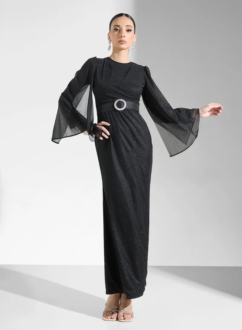 Belted Sheer Sleeve Dress Black
