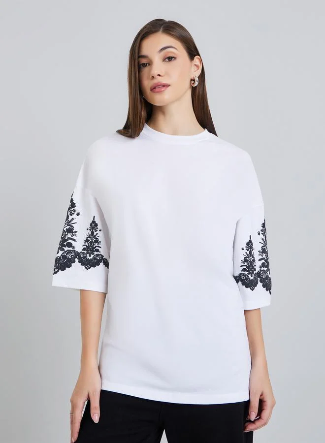 Women's Oversized Embroidered Sleeve T-Shirt White