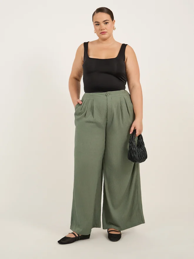 Plus Size Pleated Wide Leg Pants - Olive Green