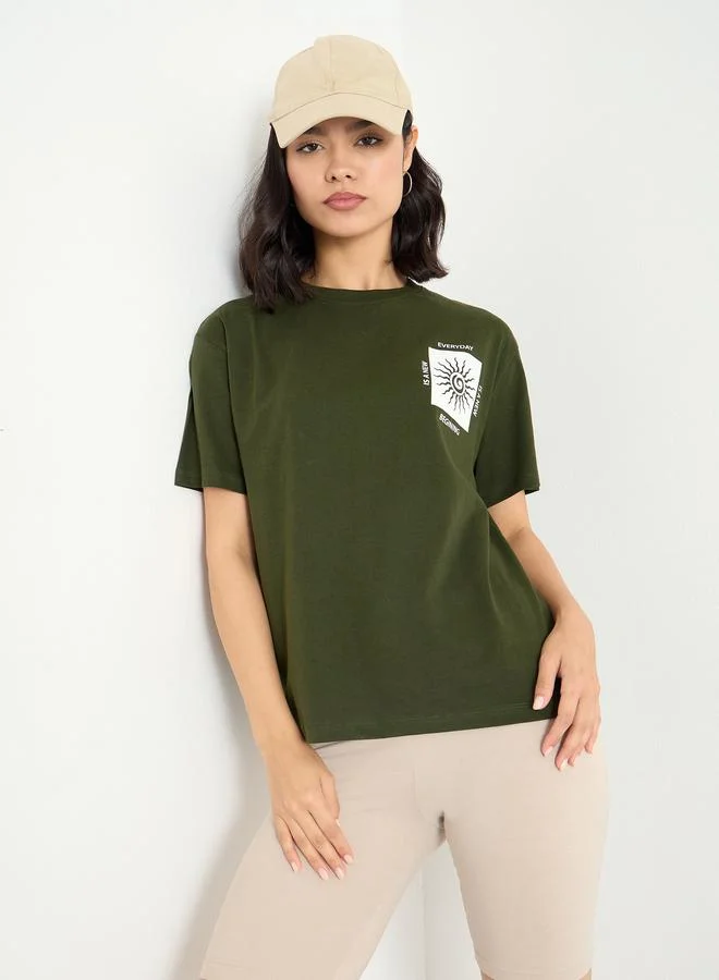 Graphic Print Cotton T-Shirt Dark Green