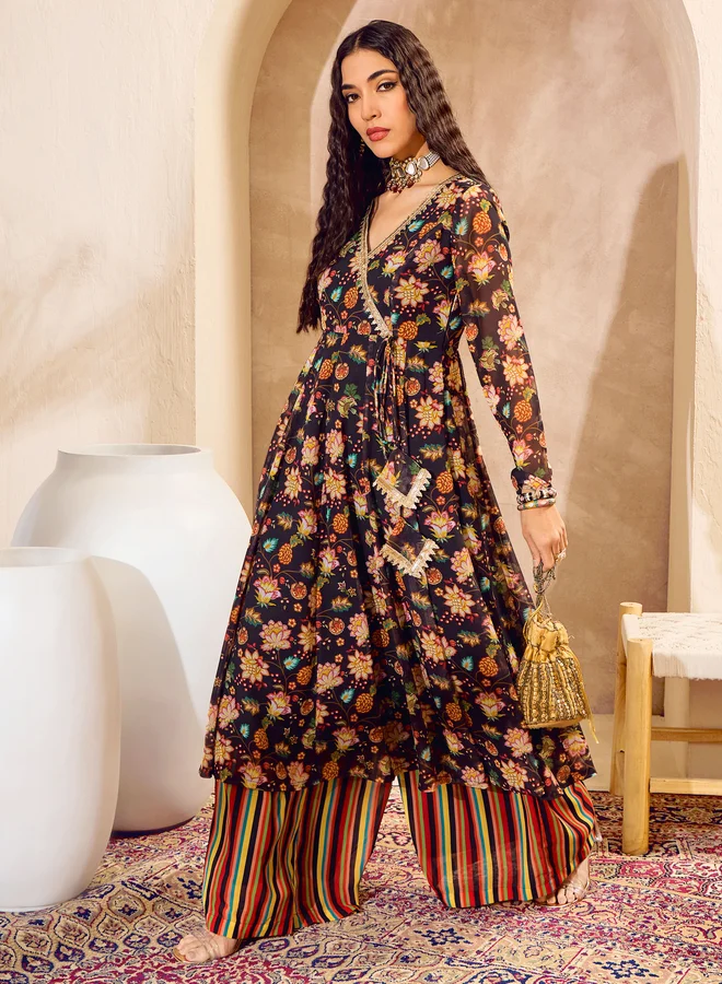 Floral Print Wrap Anarkali Kurta Palazzo Set Charcoal