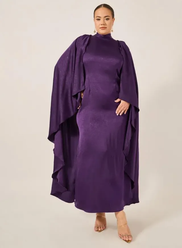 Plus Size Cape Sleeve A-Line Maxi Dress Deep Purple