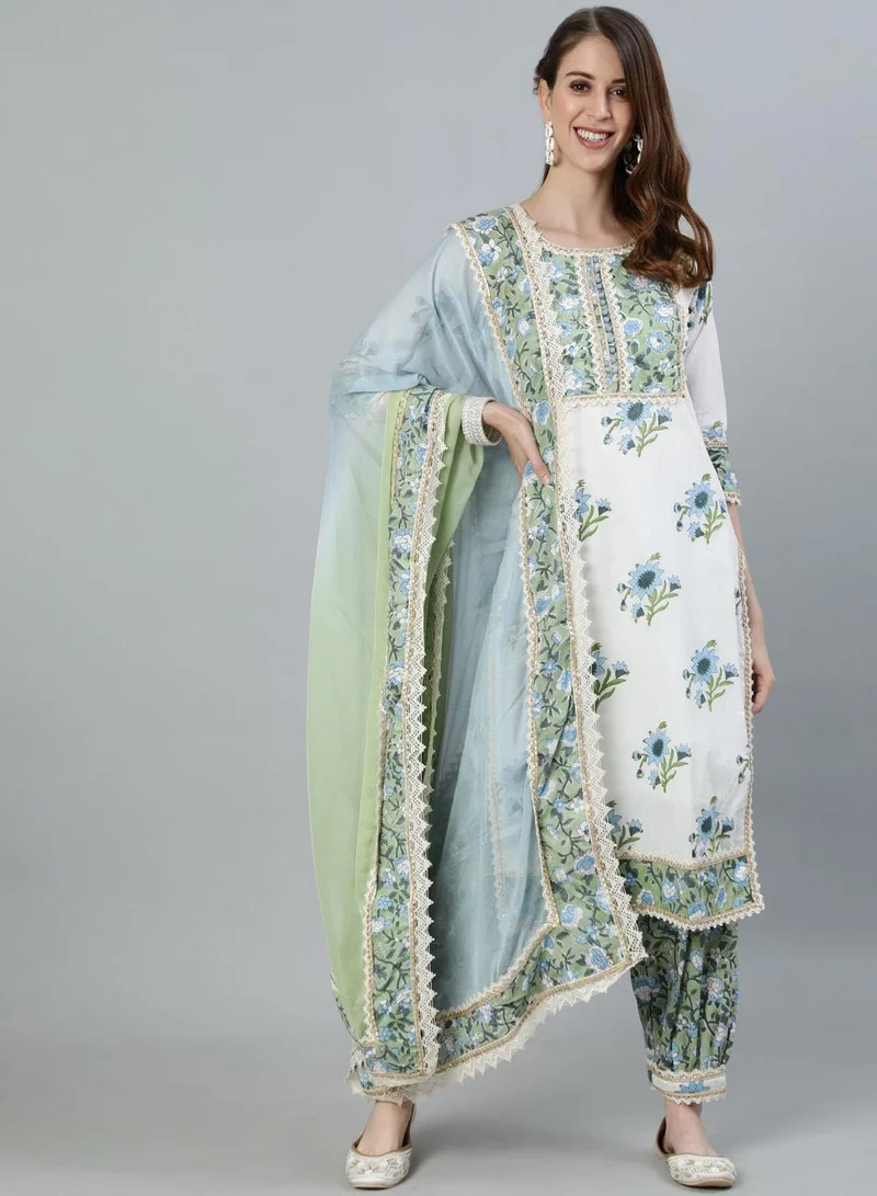 Women’s Embroidered Cotton Straight Kurta Set White