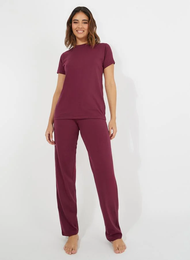 Cotton T-Shirt & Straight Pyjama Set Red