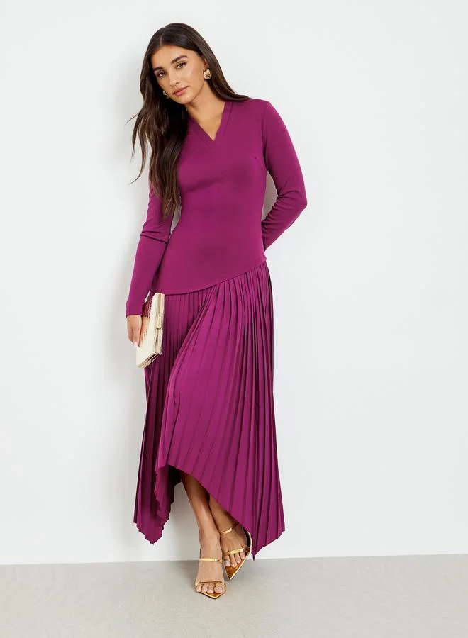 Pleated Asymmetric Maxi Dress Dark Magenta