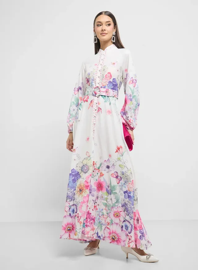 Ivory Floral Print Maxi Dress with Belt and Long Bishop Sleeves – image 4