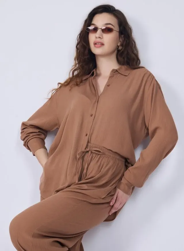 Brown Relaxed Fit Collared Shirt and High-Rise Pants Co-Ords – image 7