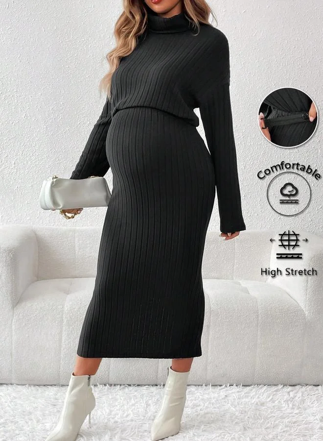 Maternity Ribbed High Neck Top and Adjustable Skirt Set Black