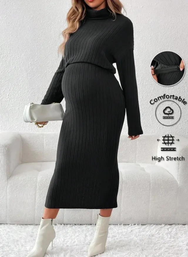 Maternity Ribbed High Neck Top and Adjustable Skirt Set Black
