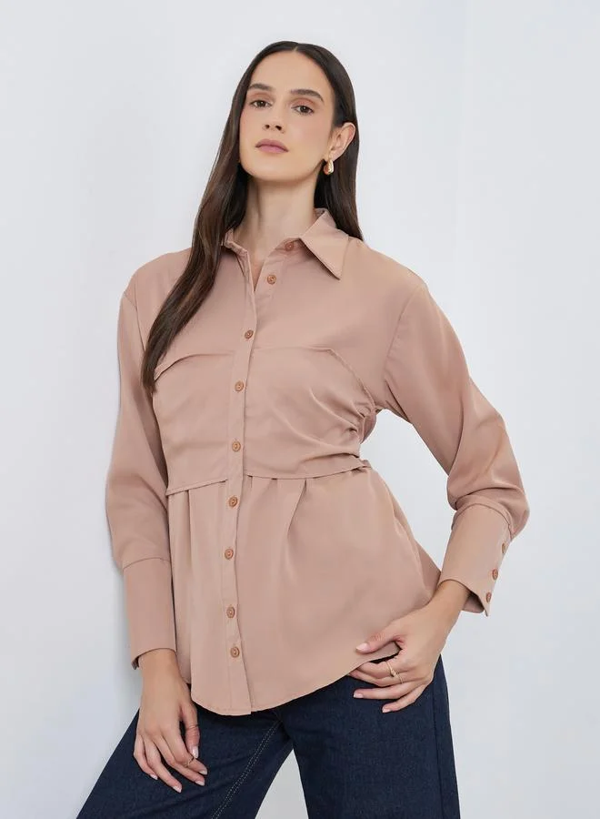 Styli Spread Collar Buttoned Shirt Brown