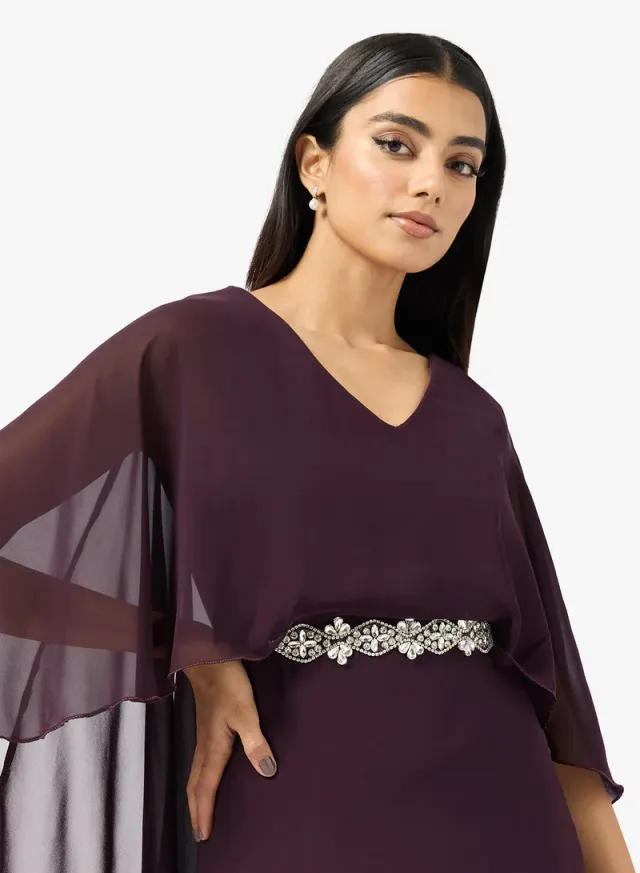 Plum Maxi Fit & Flare Dress with Cape and Embellishments – image 3