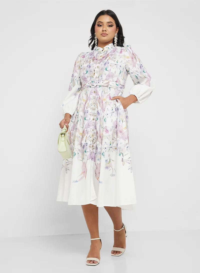 Floral Print Midi Dress Ivory