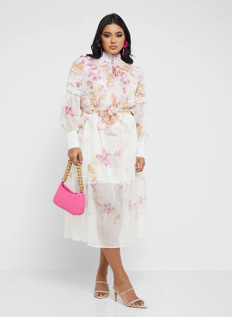 Floral Chiffon Midi Dress White