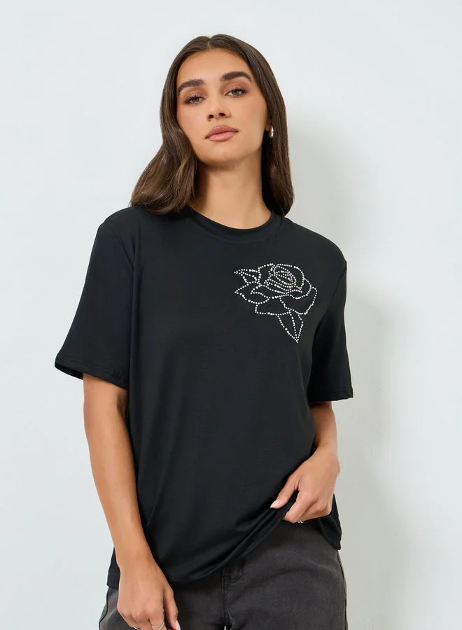 Women's Rose Crystal Oversized T-Shirt Black