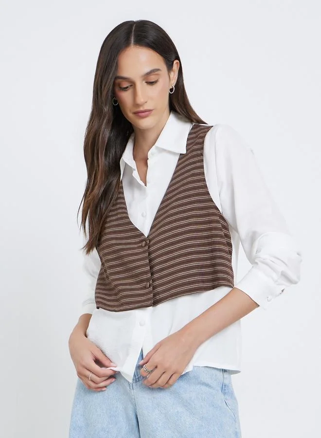 Styli Layered Striped Long Sleeve Shirt Brown