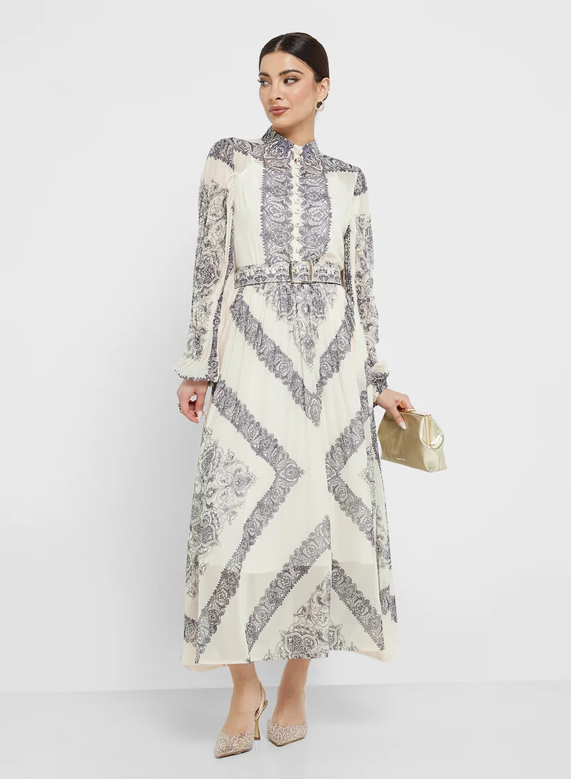 Abstract Print Top & Skirt Set Beige