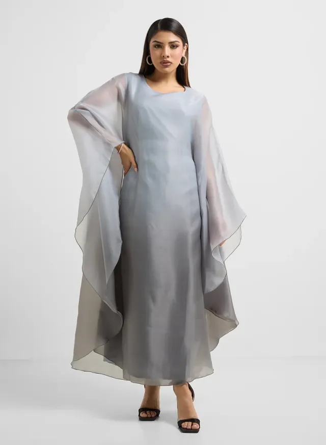 Grey Ombre Print Maxi Kaftan with V Neck and Long Sleeves – image 4