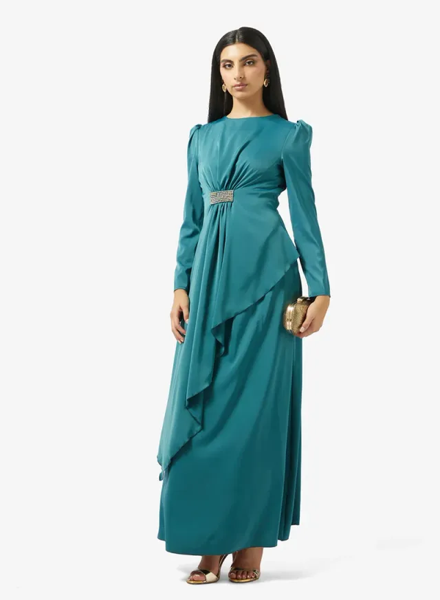 Teal Maxi Fit & Flare Dress with Embellished Waist – image 4