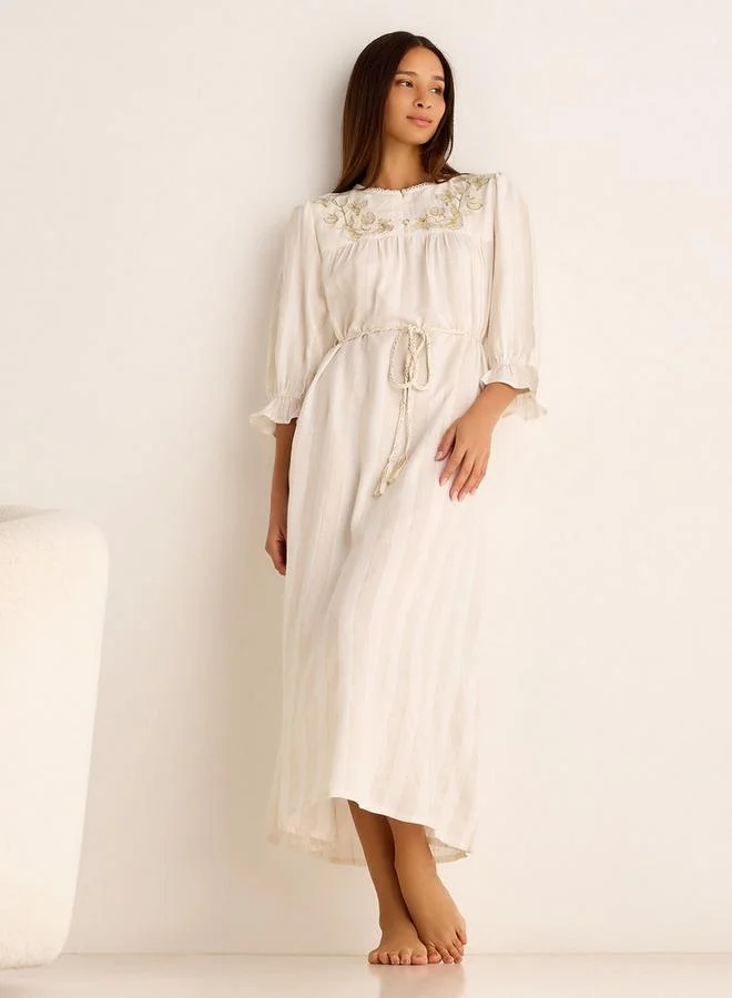 Embroidered Striped Maxi Nightgown Beige