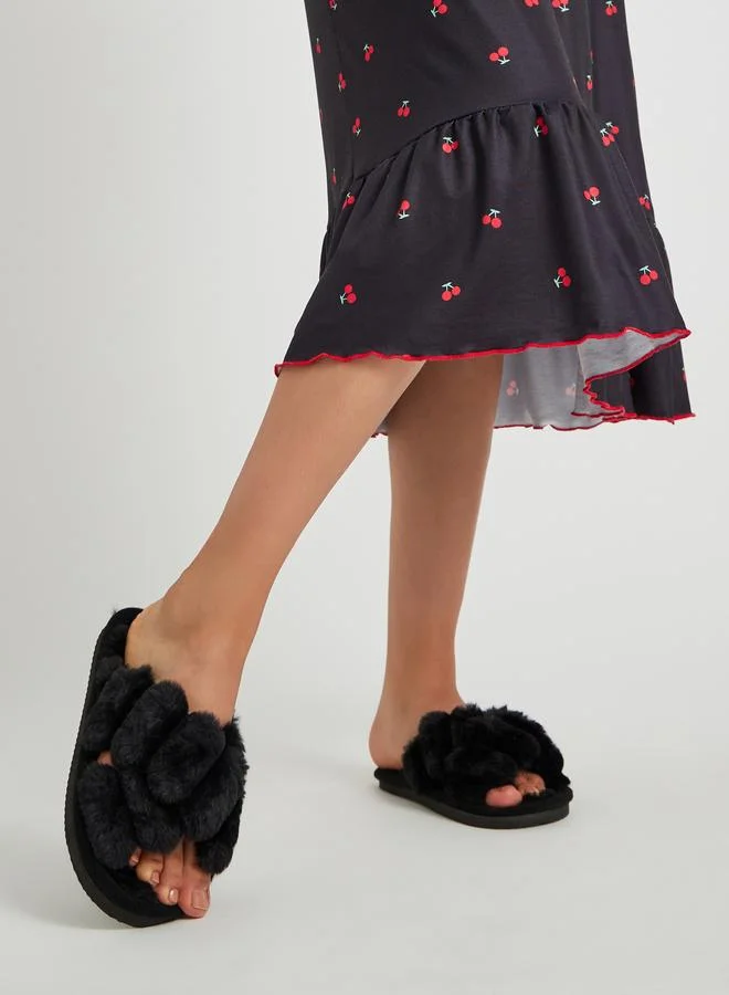 Textured Fluffy Bedroom Slippers Black