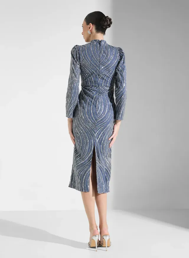 Denim Blue Sequin Embellished Bodycon Midi Dress – image 2