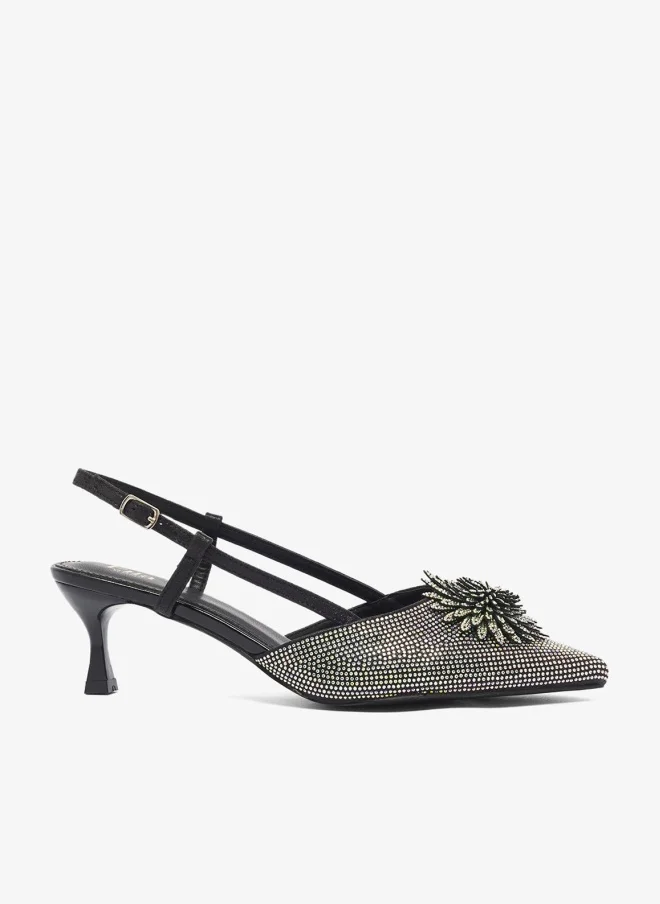 Diamante Pointed Sling Back Pumps Black