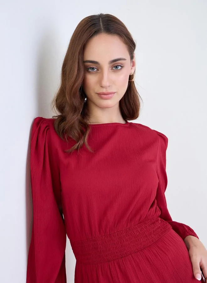 Belted Buttoned Dress Dark Red