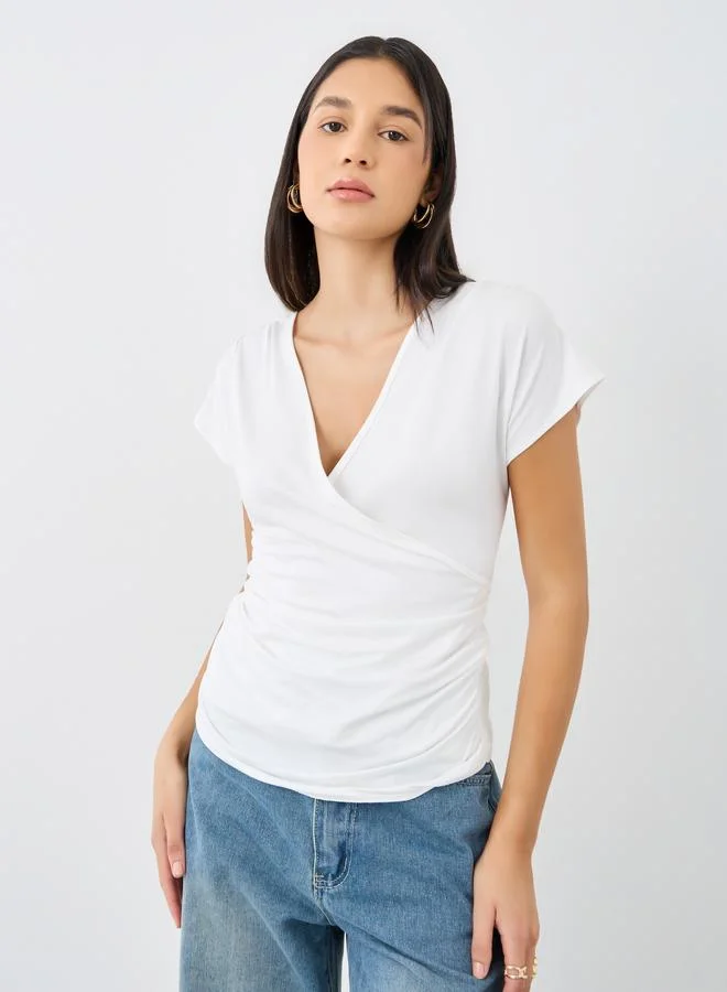 V-Neck Short Sleeve Knit Wrap Top White